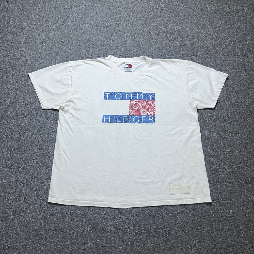 Vintage Tommy Hilfiger Jeans T Shirt XXL White Floral Box Logo 90s Made in USA